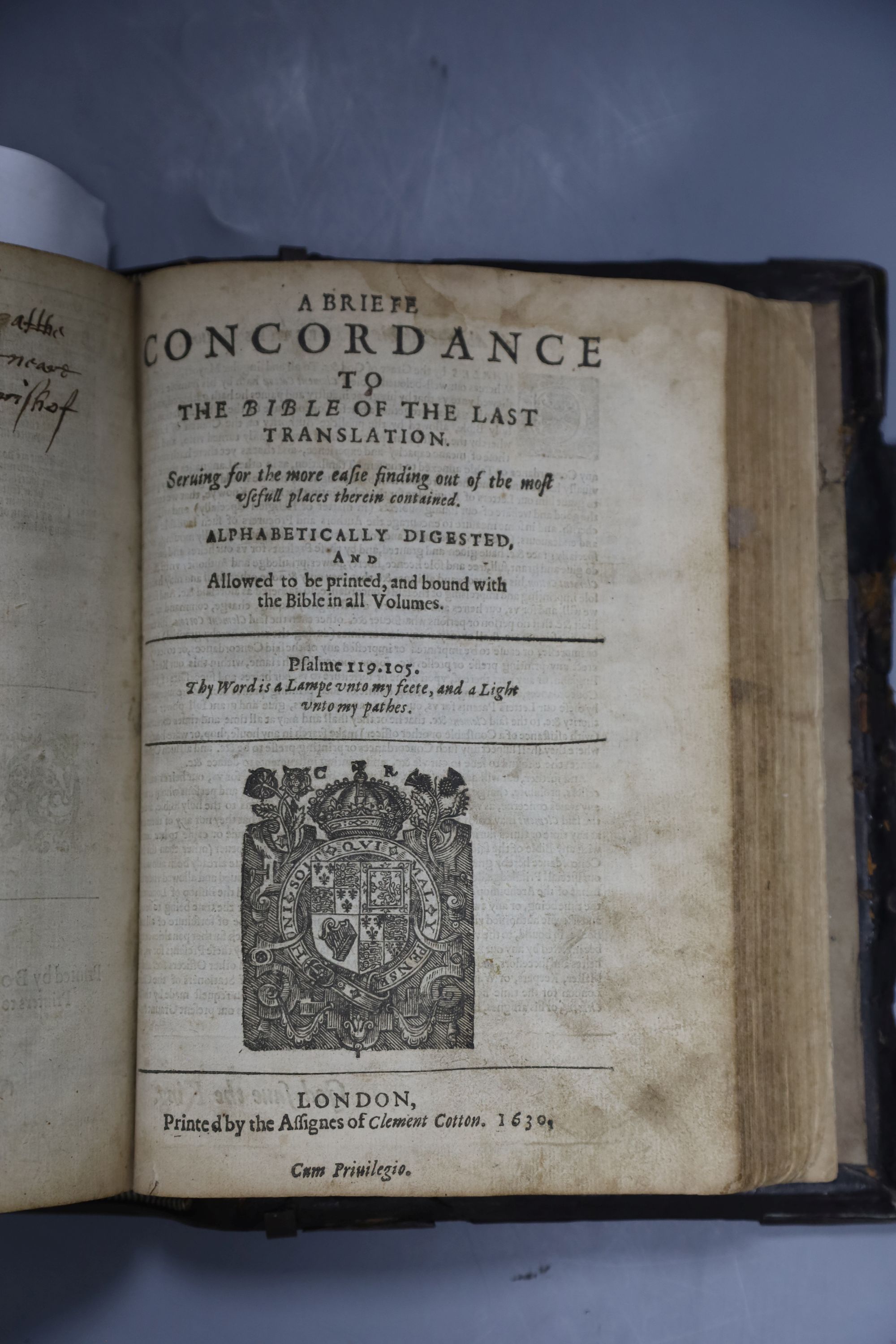 Bible in English [Bible], qto, contemporary brass mounted calf rebacked, with general title laid down, with Genealogies but lacking map